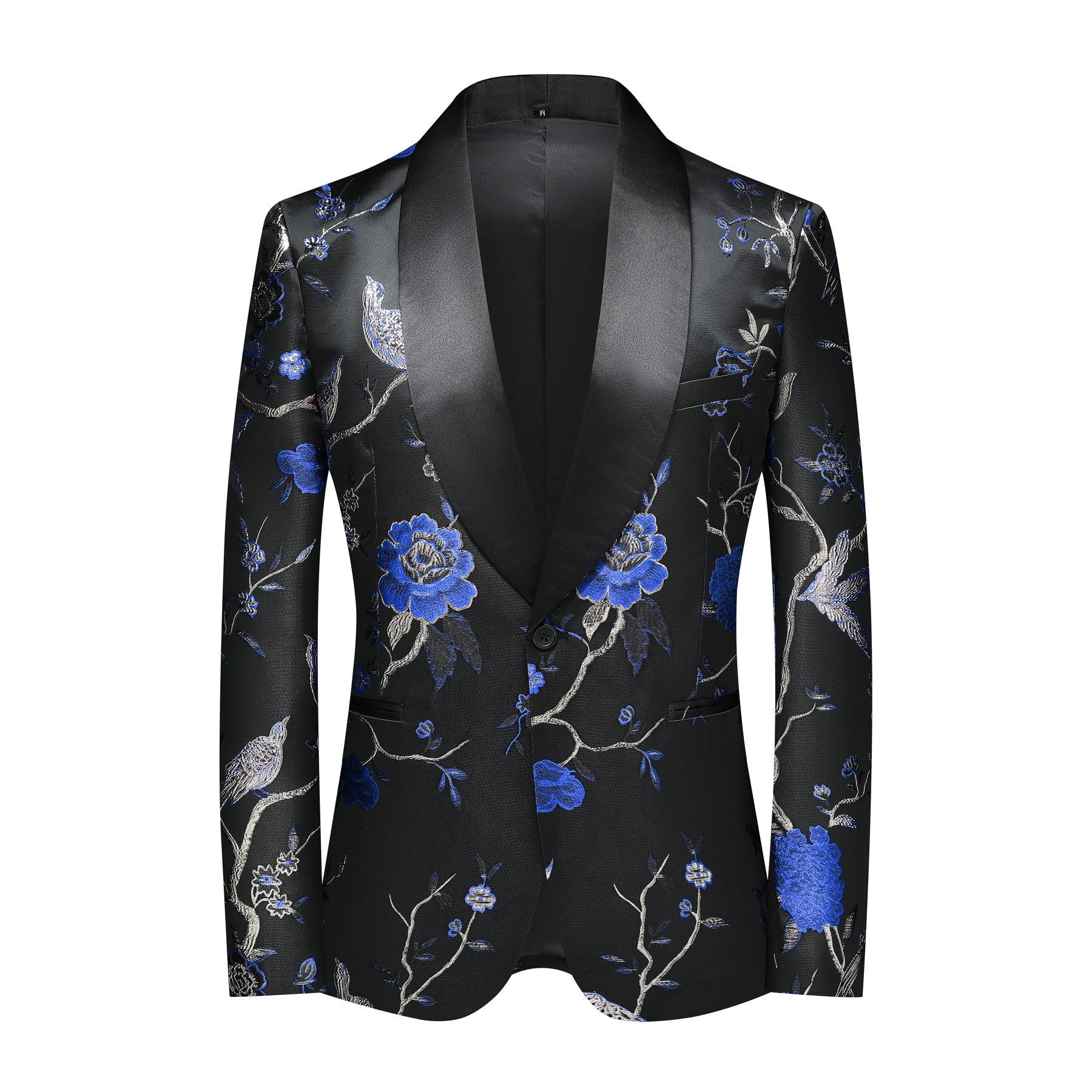 2 Piece Men's Black Blue Bird Embroidered Suit Set - Formal Wedding & Special Occasion Outfit - Premium Slim Fit Blazer & Pants for Grooms, Prom, Business Events