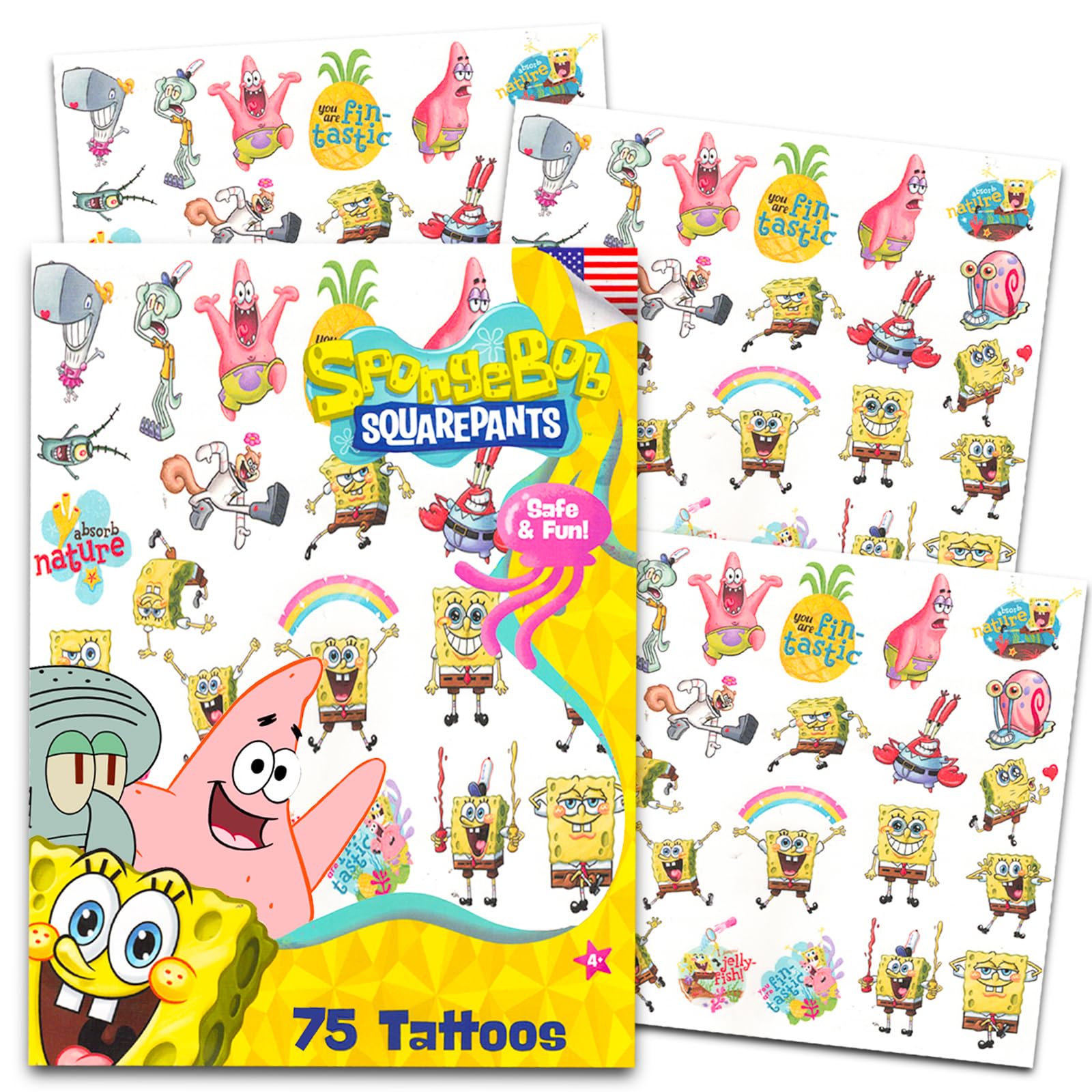 Spongebob Squarepants Temporary Tattoos for Kids & Adults - 75 Fun Cartoon Character Tattoo Stickers for Birthday Parties, Goodie Bags, Halloween Costumes & Summer Camp Activities (Spongebob Party Supplies)