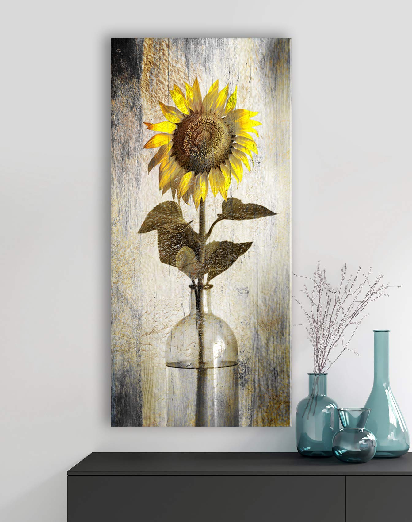 Vintage Sunflower Wall Art Canvas - Large 42x19 Rustic Floral Home Decor for Living Room, Bedroom & Office - Yellow Flower Painting for Farmhouse & Boho Style Interior Design