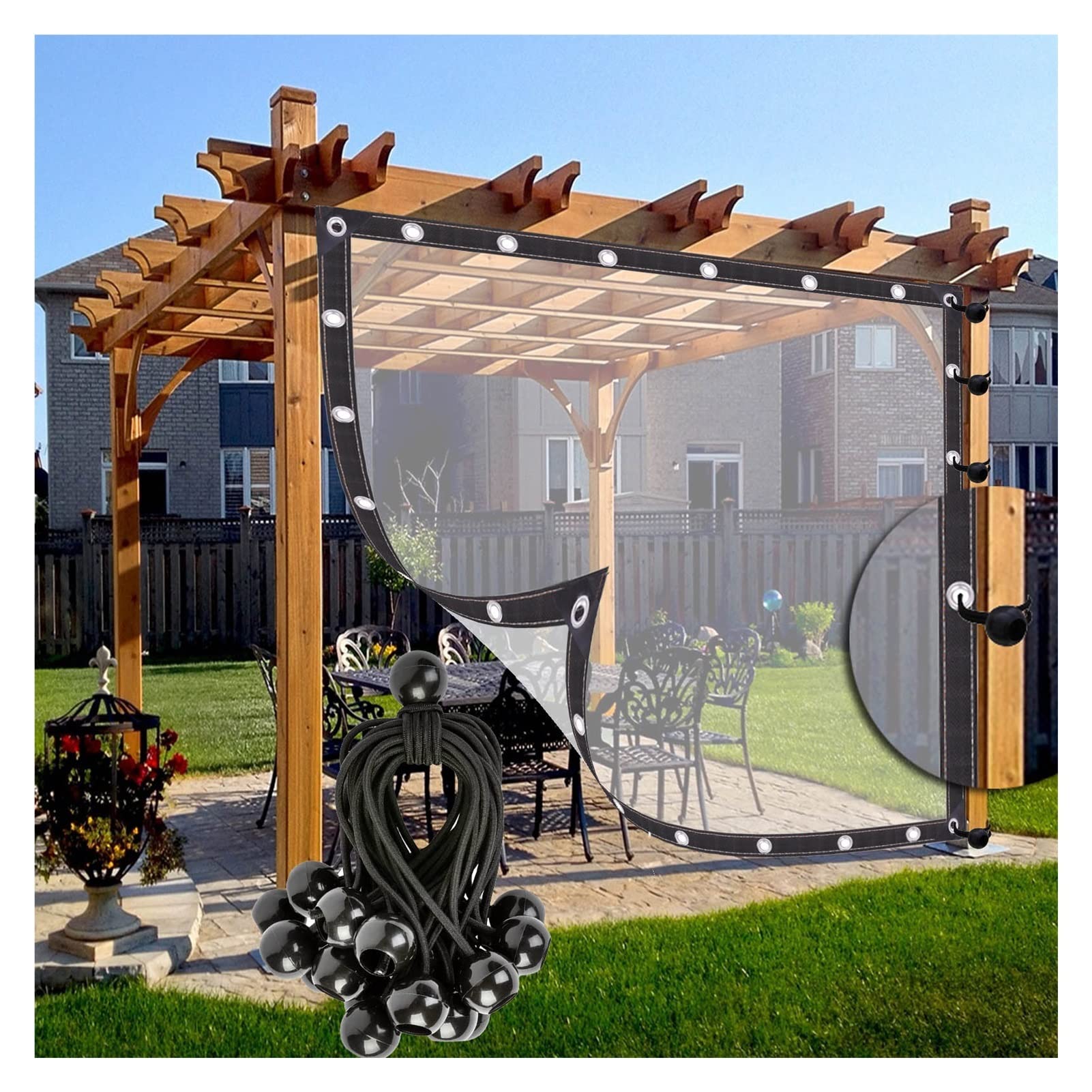 Clear Waterproof Transparent Tarp with 10 Ball Bungee Cords - 4x5m Heavy Duty Tarpaulin Cover for Greenhouse, Plants, Outdoor Furniture & Equipment Protection - UV Resistant, Customizable Size (Ideal for Gardening, Camping & Emergency Shelter)
