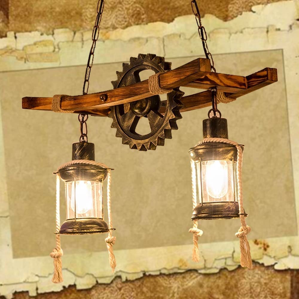 Vintage Industrial Wood & Metal Hanging Lamp - Adjustable E27 Pendant Light for Dining Room, Bedroom, Kitchen & Bar Decor | Antique Loft Style Chandelier for Living Room Lighting | Perfect for Farmhouse, Restaurant & Cafe Ambience