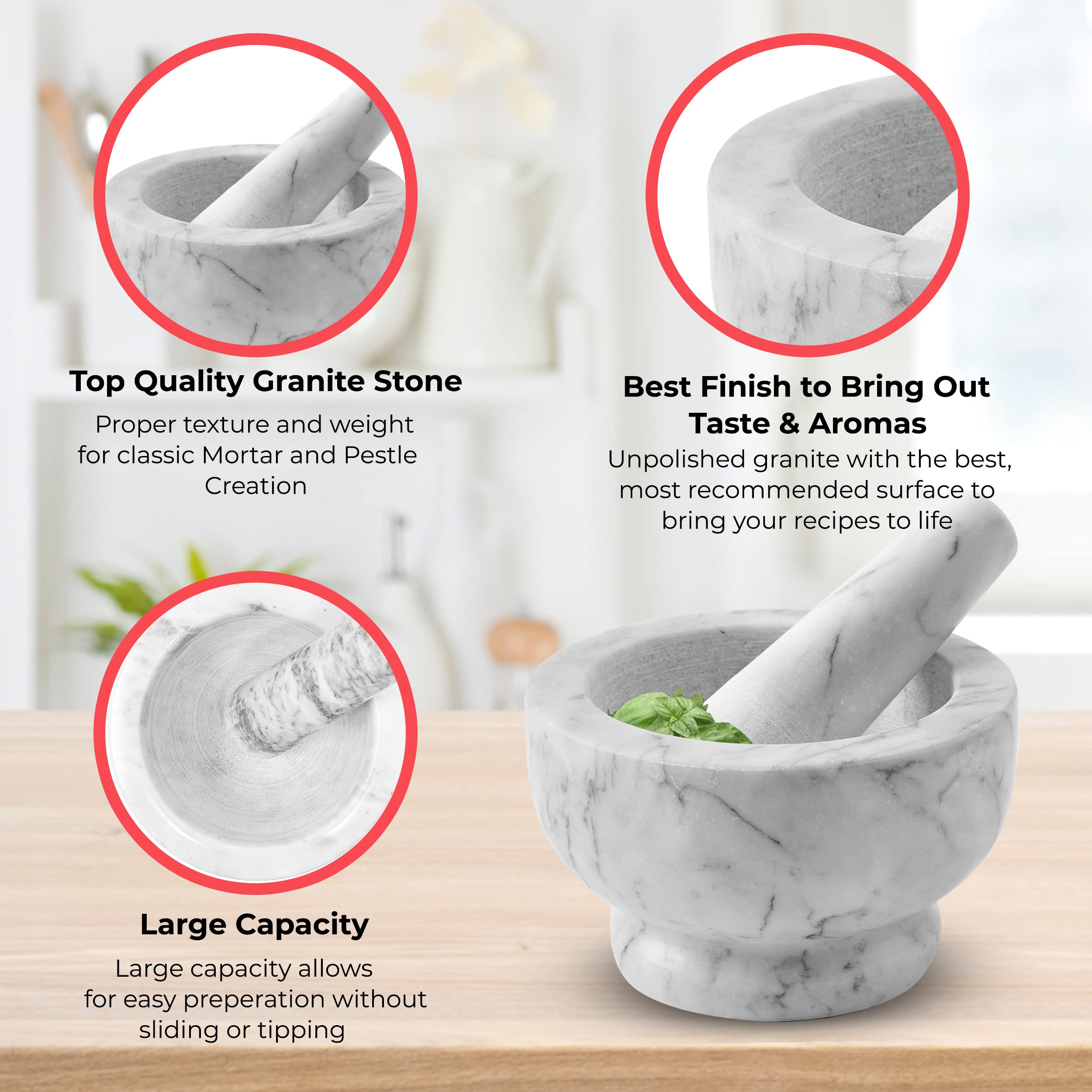 ALPINE CUISINE 5-Inch Natural Marble Mortar and Pestle Set - Stone Guacamole Molcajete Bowl for Grinding Spices, Herbs & Salsa | Durable Marble Spice Crusher & Grinder | Perfect Kitchen Gift Set (White, 5x3 Inch) for Mexican Cooking, Thai Curry Paste & Fresh Herb Preparation