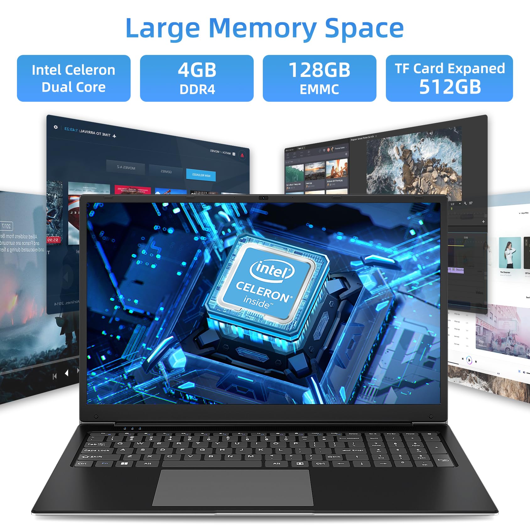 Naclud 17.3 Inch Laptop - 4GB DDR4 RAM, 128GB SSD (Expandable to 512GB via TF Card), Intel Celeron Dual-Core Processor, Full HD 1920x1080 Display, 2x USB 3.0 Ports, Dual Band WiFi, Bluetooth 4.2 - Includes 8-Language Keyboard Protector | Perfect for Home Office, Online Learning & Business Travel