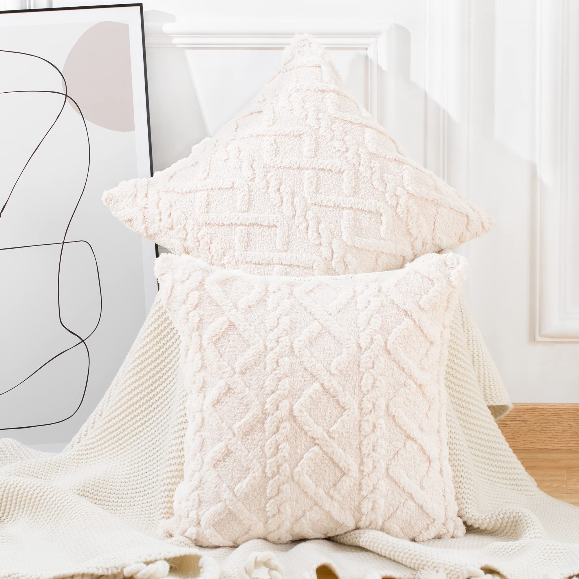 MADIZZ Set of 2 Soft Plush Fuzzy Short Wool Fleece Throw Pillow Covers 24x24 Inch - Beige Square Patterned Cushion Cases for Sofa, Bedroom, Living Room - Cozy Home Decor & European Style Pillow Shells (Perfect for Winter Warmth and Stylish Interior Design)