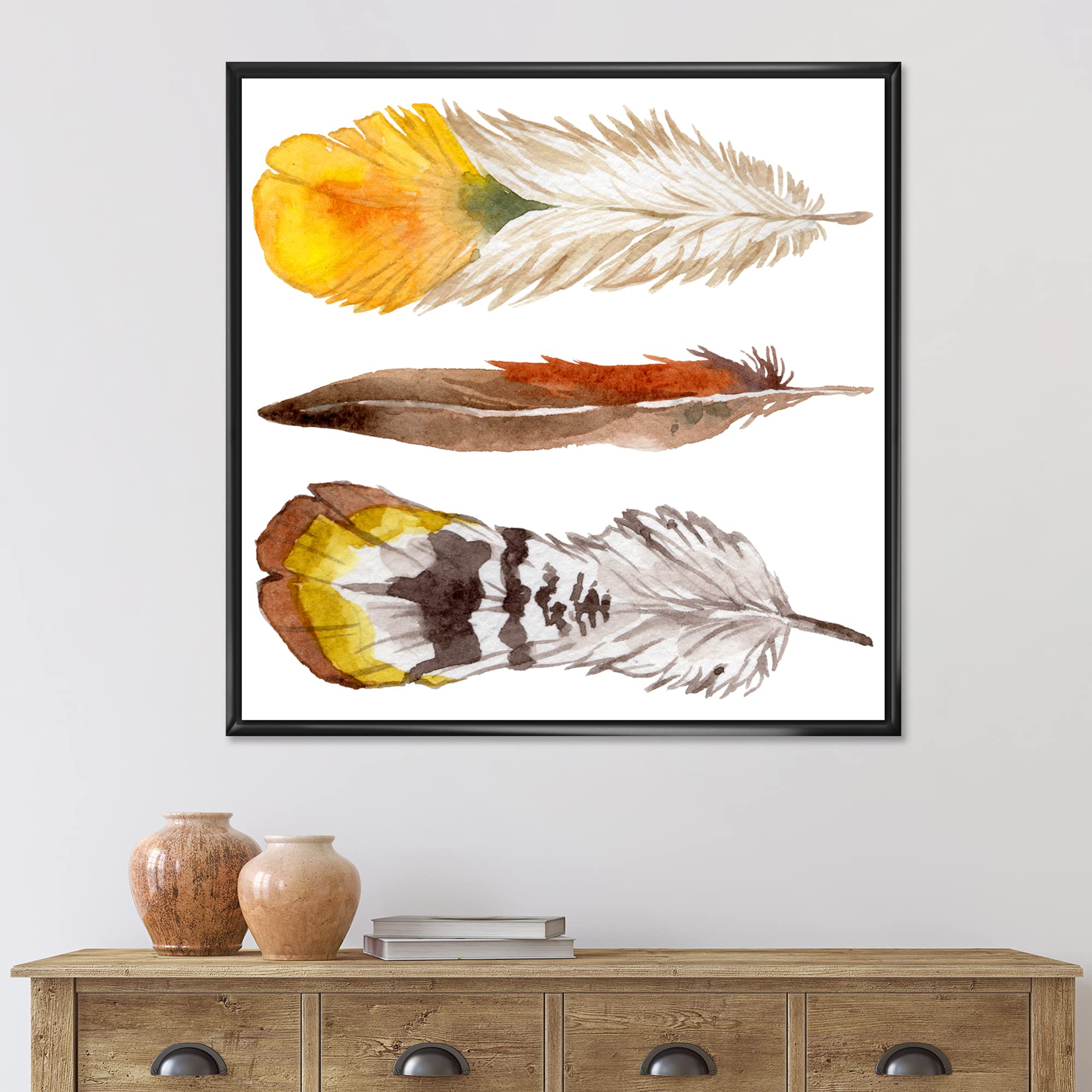 Bohemian Ethnic Yellow Feather Wall Art - Framed Canvas Print for Eclectic Home Decor | Perfect for Living Room, Bedroom & Boho Style Interiors
