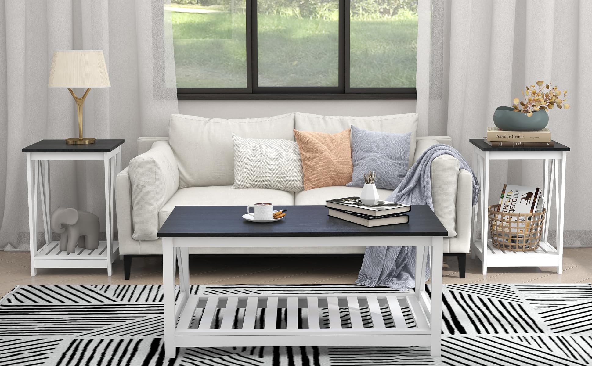 Farmhouse Coffee Table and End Table Set - 2-Tier Wooden Living Room Furniture with Slatted Base in Oak Black Finish - Perfect for Rustic Home Decor, Cozy Living Spaces & Farmhouse Style Interiors
