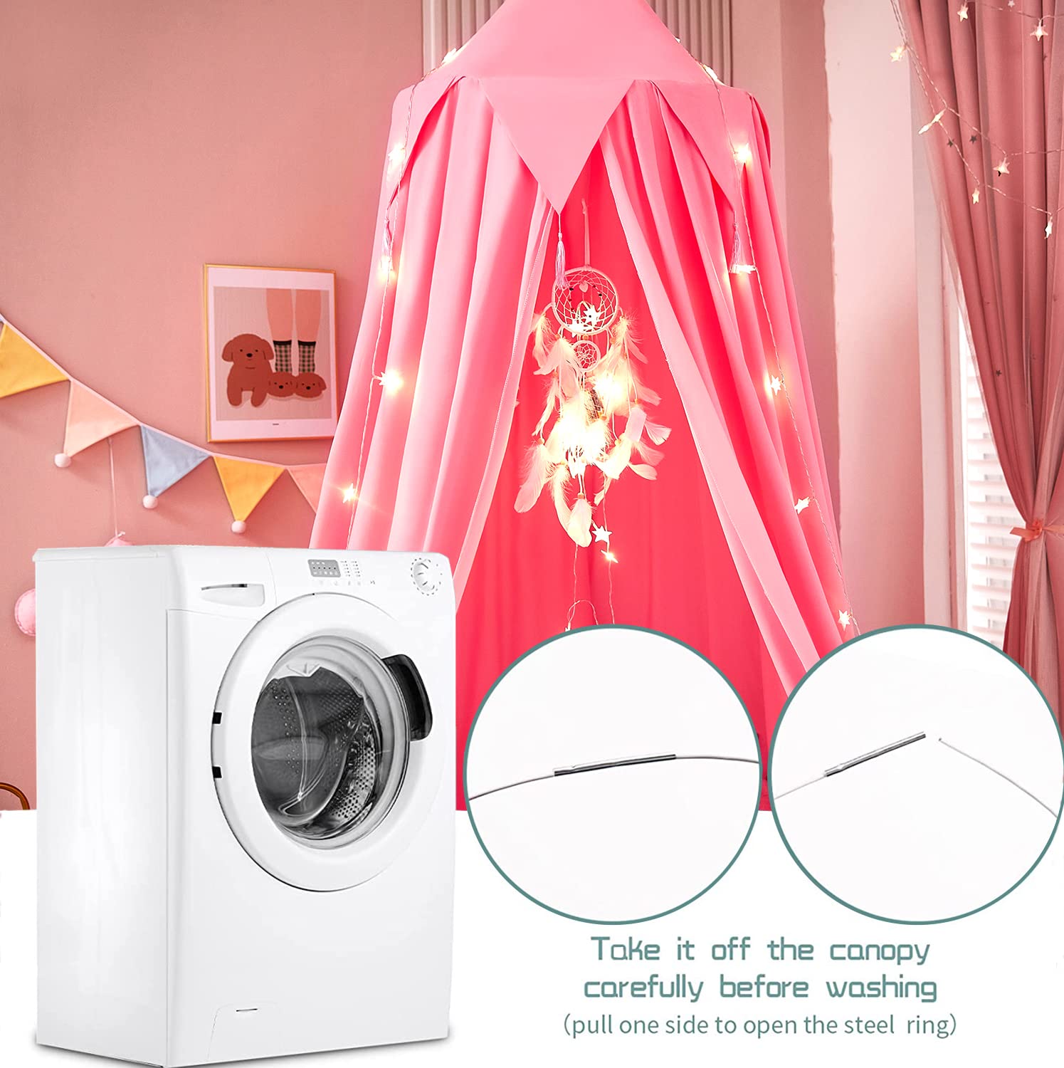 **Akiky Pink Princess Bed Canopy for Girls - Kids Castle Play Tent with LED Lights & Dream Catcher - Perfect for Bedroom Decor, Reading Nook, and Imaginative Play**
