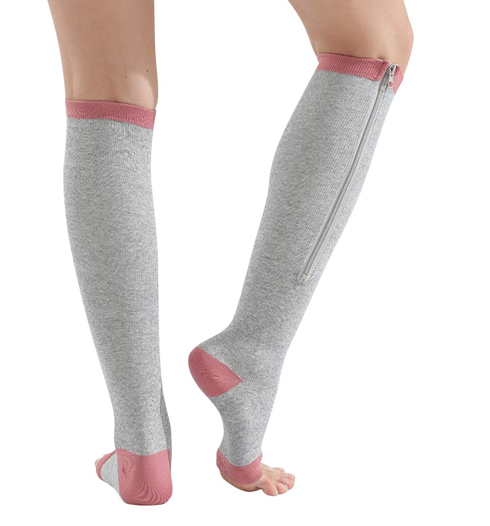 YUSHOW 3 Pairs Open Toe Compression Socks for Women - Breathable Zipper Support Stockings, Knee High Toeless Socks for Running, Travel & Varicose Vein Relief