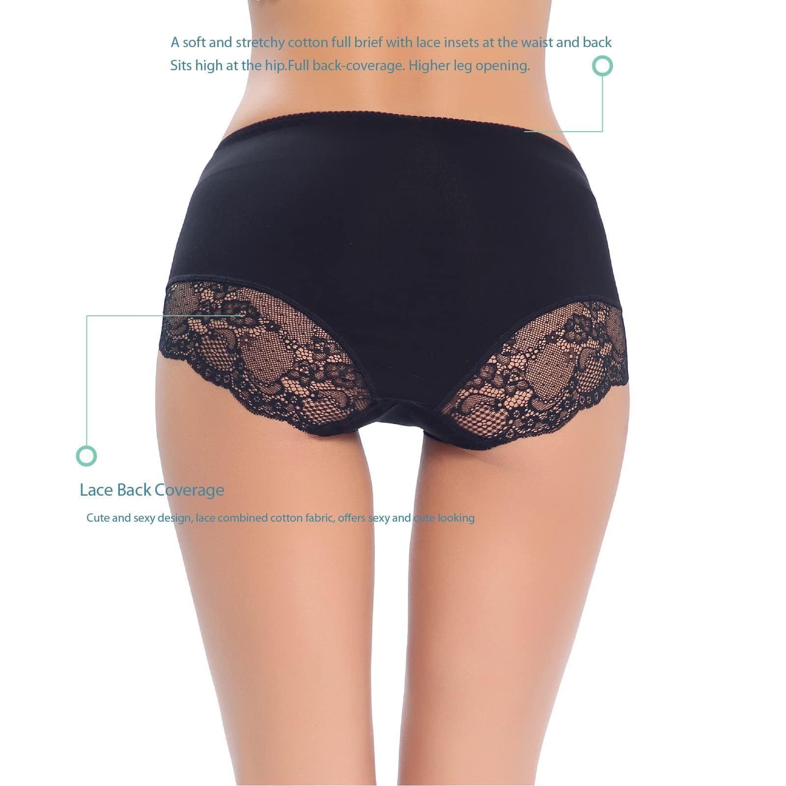 Lace Underwear for Women - High Waisted Cotton Briefs, Full Coverage No Roll Panties Multipack (3/5 Pack) - Comfortable Everyday Wear for Work, Yoga & Sleep