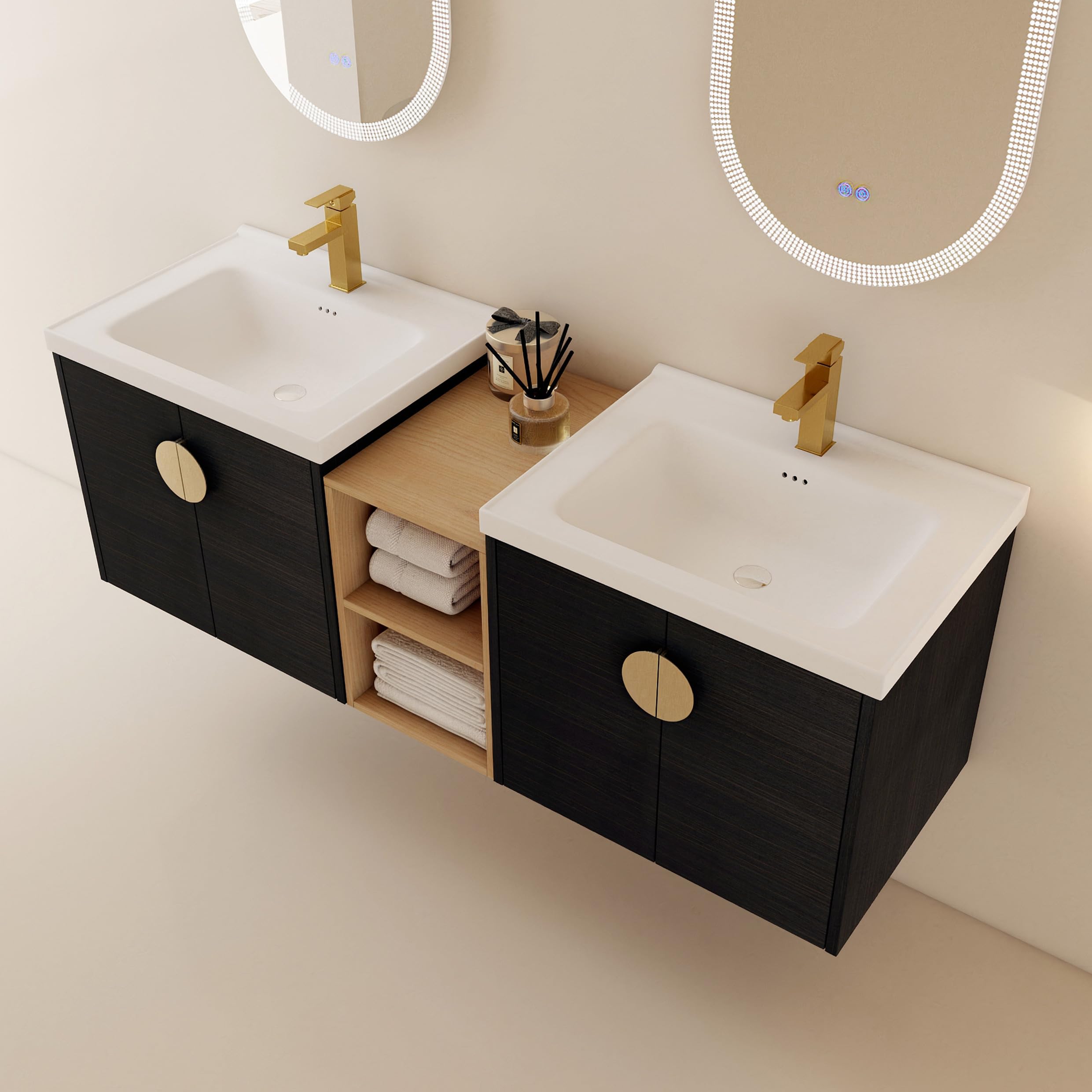 Modern 60-Inch Double Sink Floating Bathroom Vanity Set with Ceramic Sinks, Middle Storage Shelf & 2 Cabinets - Black Gold Finish | Perfect for Contemporary Bathrooms, Master Suites & Space-Saving Small Bathroom Designs