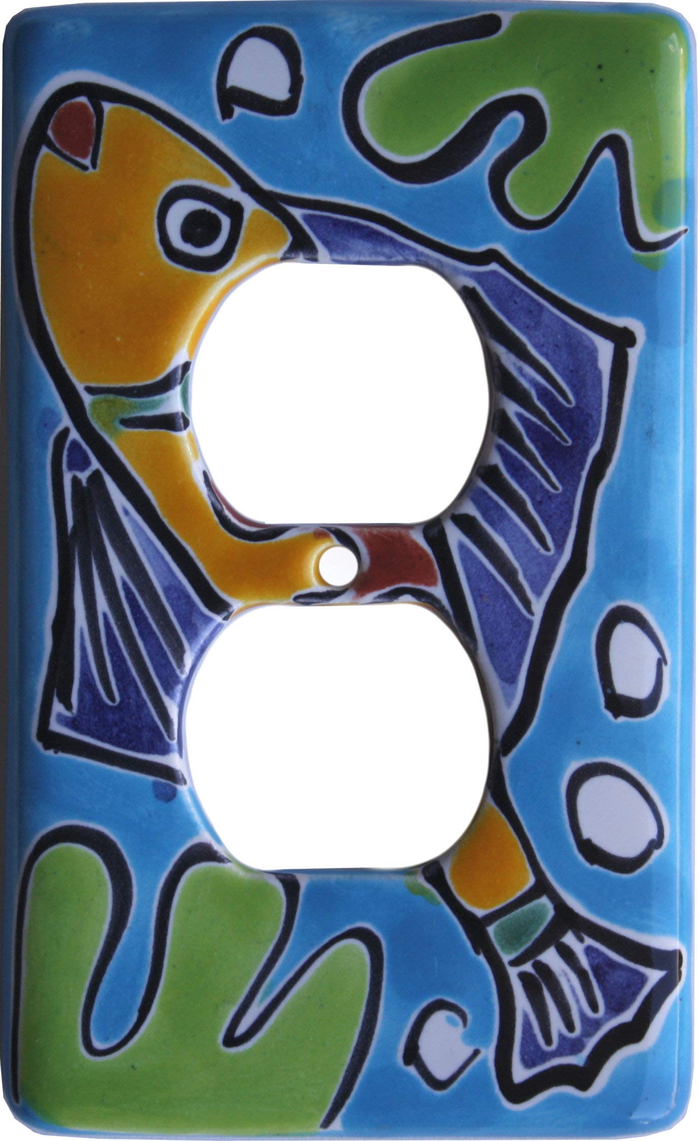 Aqua Fish Talavera Ceramic Light Switch Cover - Mexican Style Hand-Painted Outlet Plate for Bathroom, Kitchen & Home Decor