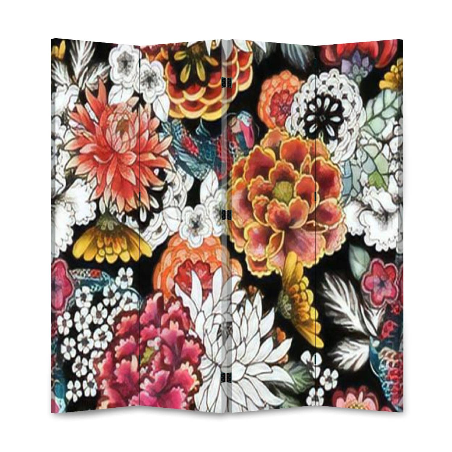 Handcrafted Wooden Room Divider with Traditional Asian Floral Patterns - Japanese Peony Painted Folding Privacy Screen, Double-Sided Canvas Partition Wall Decor for Home, Office & Event Displays (4-Panel)
