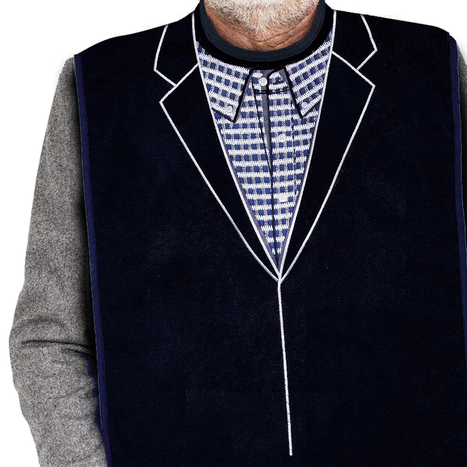 **Men's Waterproof Reusable Terry Cloth Adult Bibs - Senior Eating Clothing Protector with Embroidered Design, Crumb Catcher (Navy Blazer + Argyle Sweater) - Ideal for Dining, Elderly Care & Mealtime Mess Prevention**