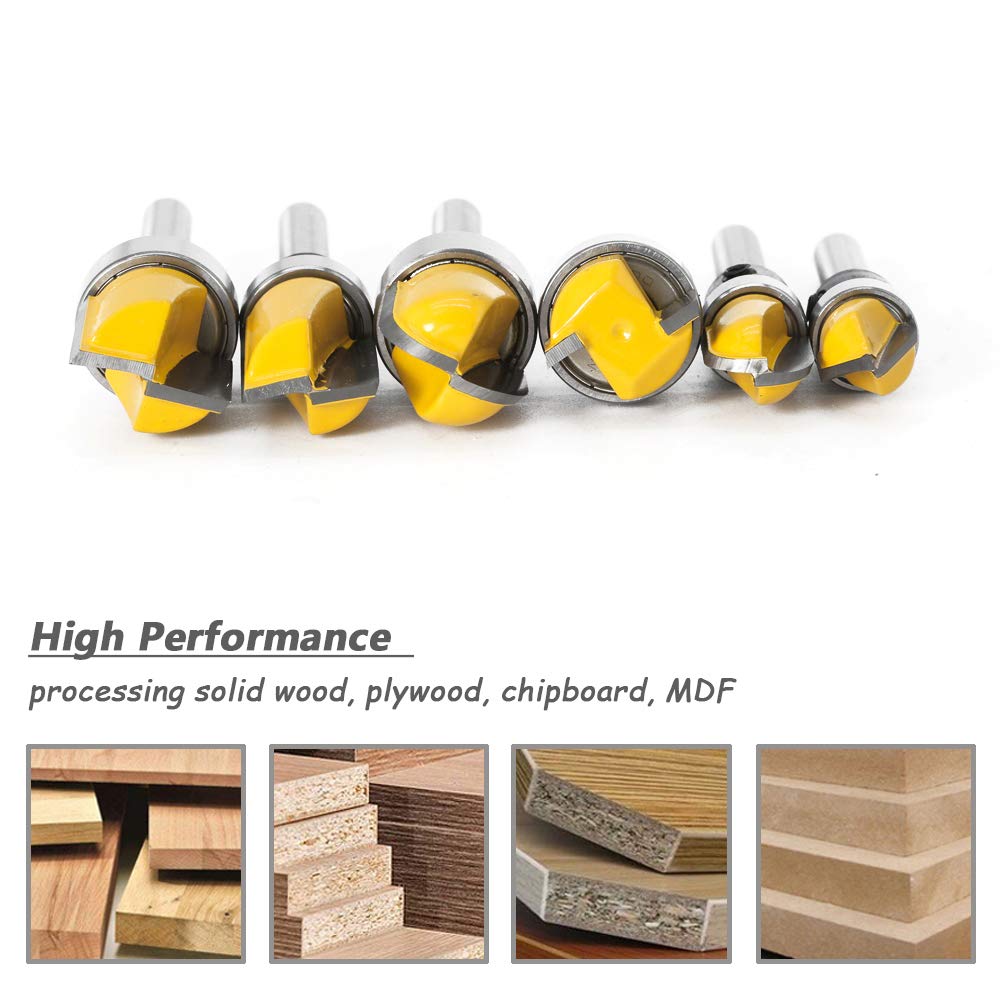 Mesee 6-Piece Router Bit Set with Bearing - 1/4-Inch Shank Straight Bits, Bowl Tray Bits & V-Grooving Bit for Woodworking, Template Patterns, Trimming & Milling - Perfect for DIY Projects, Furniture Making & Cabinet Work