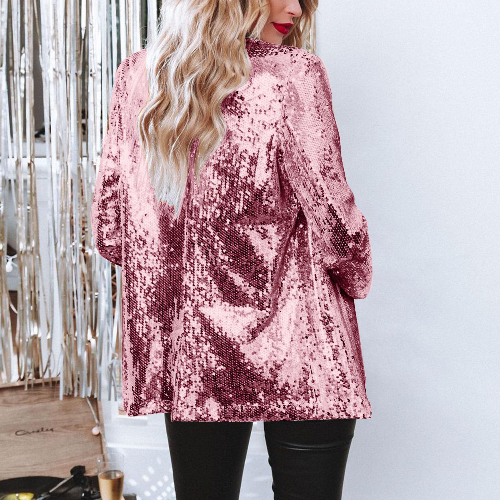 Women's Sequin Blazer Jacket - Sparkle Glitter Coat with Long Sleeves & Lapel Open Front | Party, Cocktail & Evening Outfits | Hot Pink | Clearance Sale | Perfect for Night Out, Club, Wedding & Special Occasions