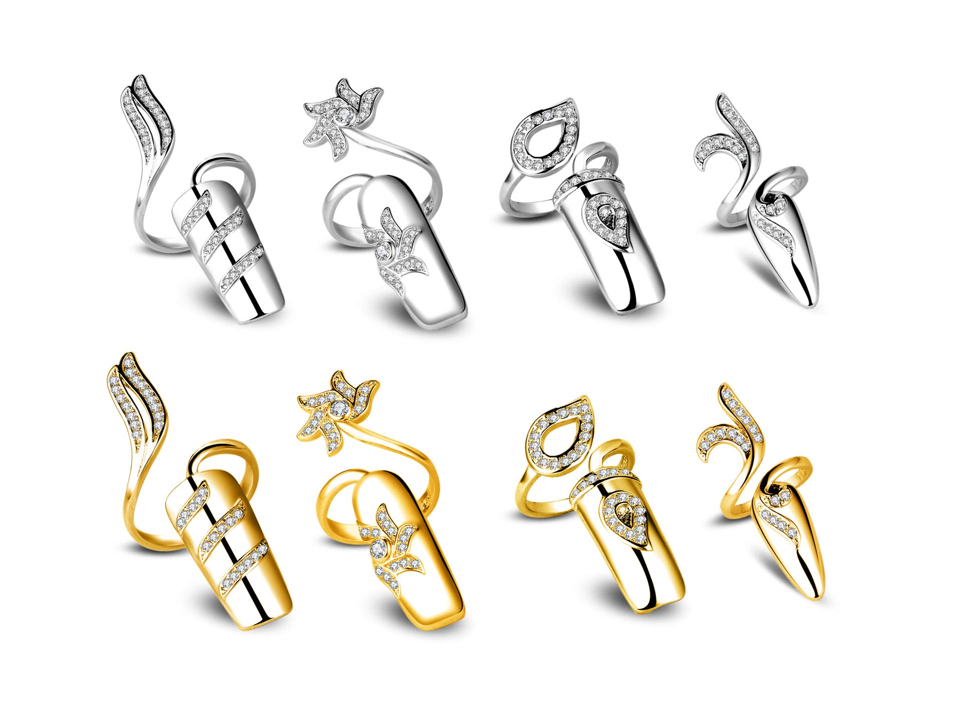 Suoirblss 4 PCS Women's Nail Cap Cover Rings - Adjustable Rhinestone Nail Protectors for Fingertips | Nail Art Charms & Fashion Accessories | Perfect for Parties, Weddings and Daily Nail Care