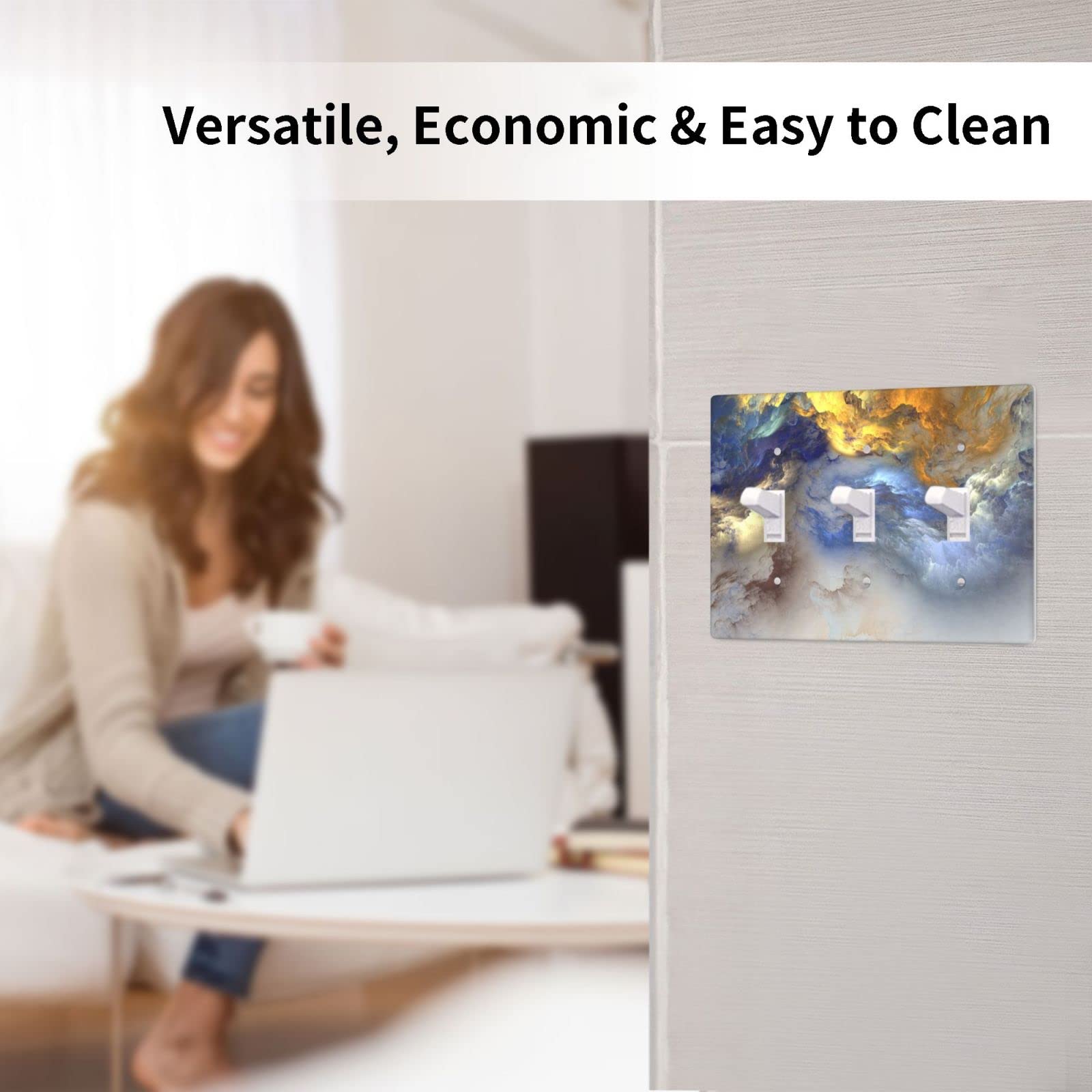 Abstract Blue Triple Light Switch Cover - Decorative 3 Gang Wall Plate for Toggle Switches - Bathroom & Home Faceplate (4.5