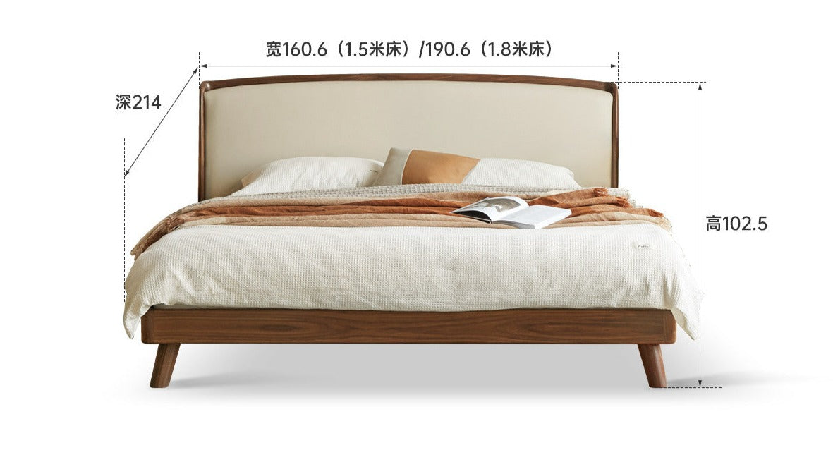 Premium Solid Oak Wood Bed Frame with Genuine Leather Headboard & Tech Fabric Upholstery - Modern Bedroom Furniture for Master Suite, Guest Room, or Apartment