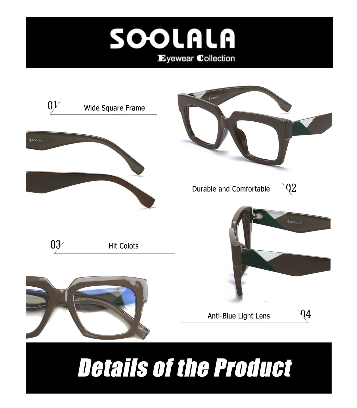 SOOLALA Blue Light Blocking Reading Glasses - Square Frame with Leopard Print Arms - Reduce Eye Strain for Computer Work, Reading & Gaming