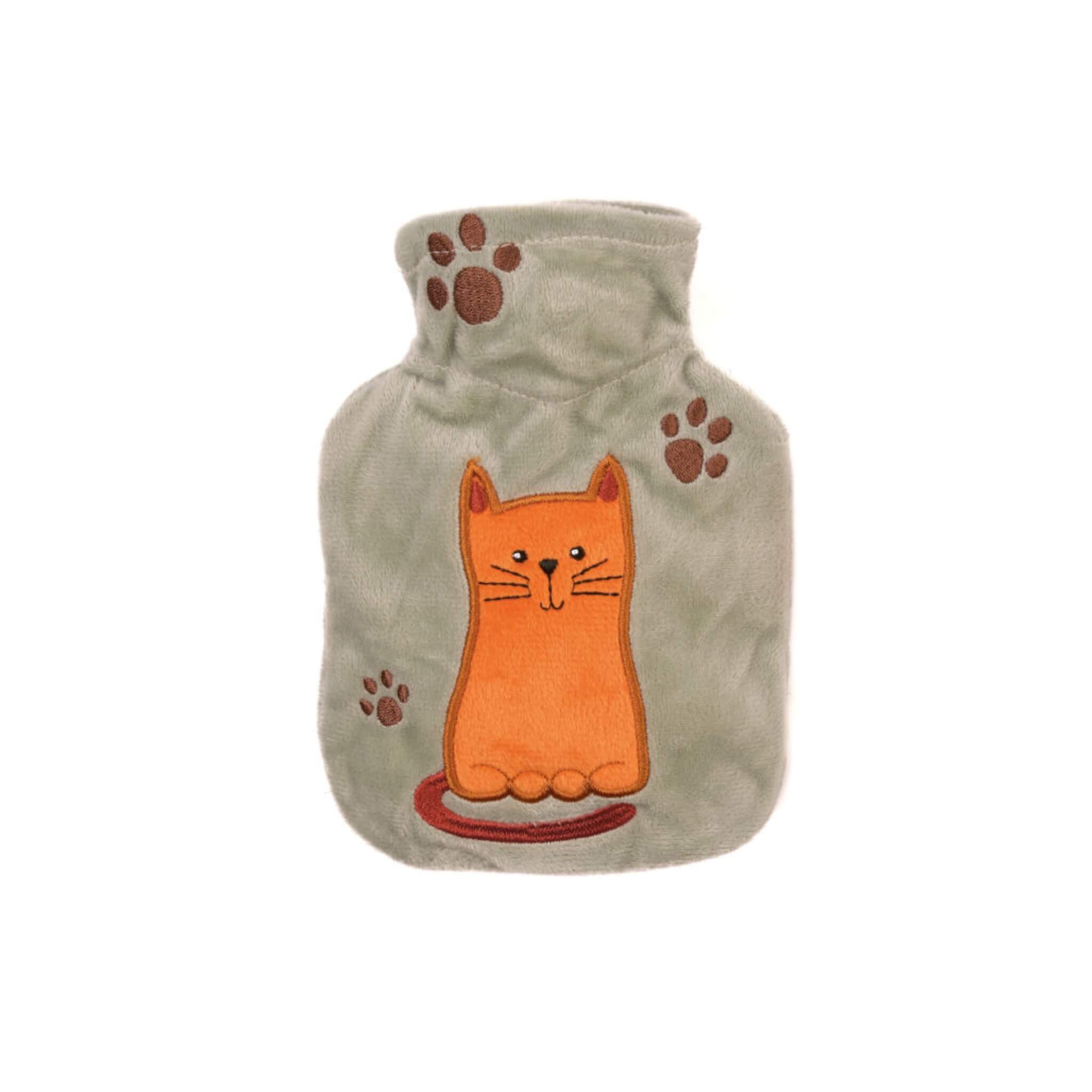 0.2L Luxury Mini Hot Water Bottle with Sage Green Cat Plush Velour Cover - Rubberless, Portable & Cozy for Winter Warmth, Period Pain Relief, Bed Warming & Travel Comfort