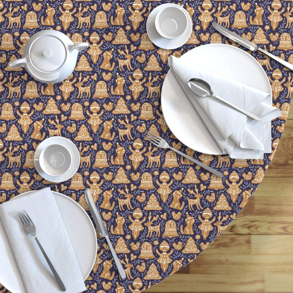 Custom Gingerbread Blue Christmas Cookies Cat Print Cotton Sateen Tablecloth - 90 Inch Round Holiday Baking Table Linens | Perfect for Christmas Dinner, Holiday Parties & Festive Home Decor