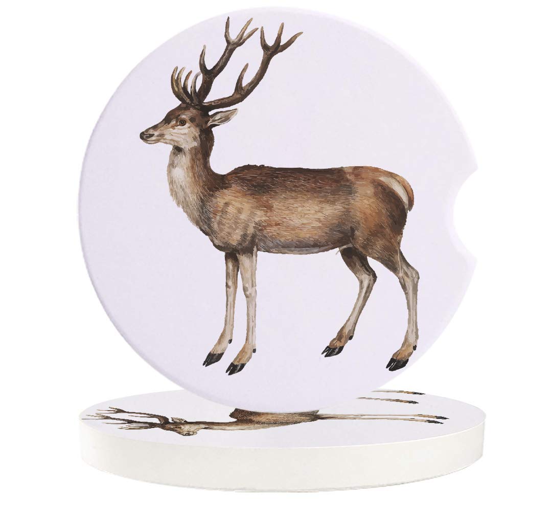 Wild Animals 2 Pack Ceramic Car Coasters - Absorbent Cup Holder Mats for Cars, Brown Deer Design - Perfect Gift for Men & Women | Keep Your Vehicle Clean & Dry During Commutes, Road Trips & Daily Drives