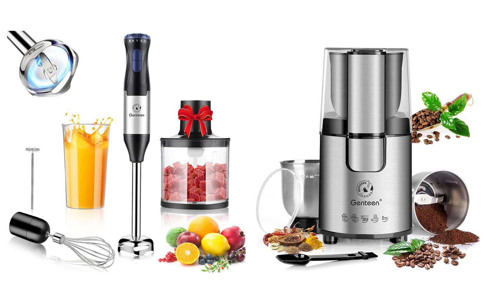 Electric Coffee Grinder & 5-in-1 Immersion Blender for Spices, Seeds, Baby Food, Smoothies, Sauces & Purees - Perfect for Home Kitchen, Coffee Shops & Healthy Meal Prep