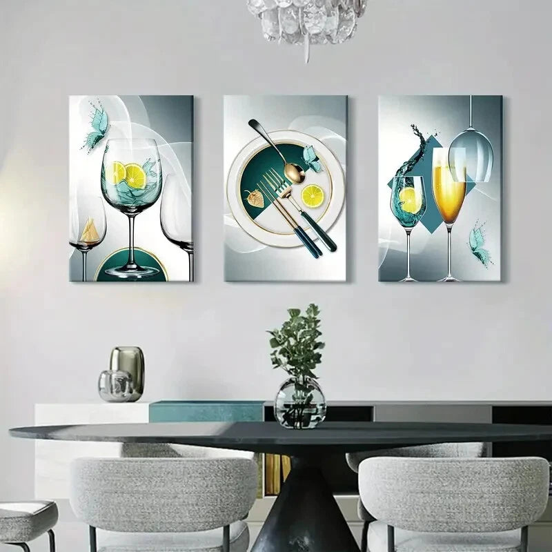 3-Piece Teal Gray Wine Glass Metal Wall Art - Ready to Hang Kitchen Decor for Dining Room, Bar & Home Decor