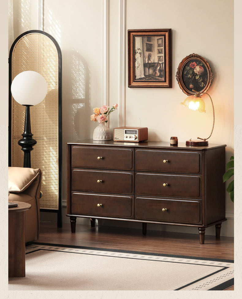 Solid Black Walnut Wood American Retro Dresser - Vintage 5-Drawer Chest for Bedroom, Living Room & Home Office Storage
