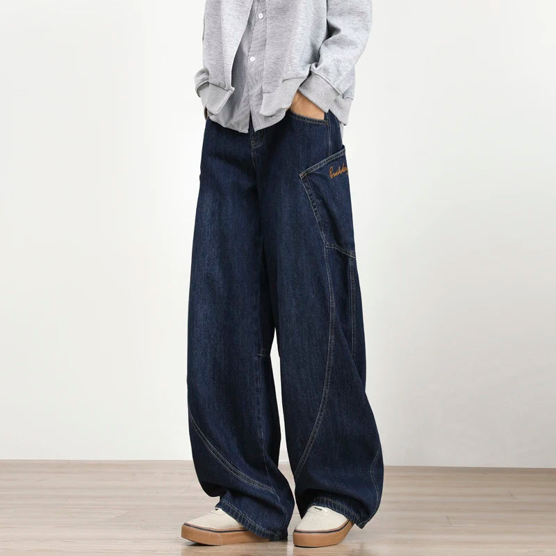 American Style Men's Denim Jeans - Straight Leg Casual Pants with Side Pockets & Letter Design, Solid Color Wide Bottom (Style 9C9272) | Perfect for Everyday Wear, Street Fashion & Casual Outings