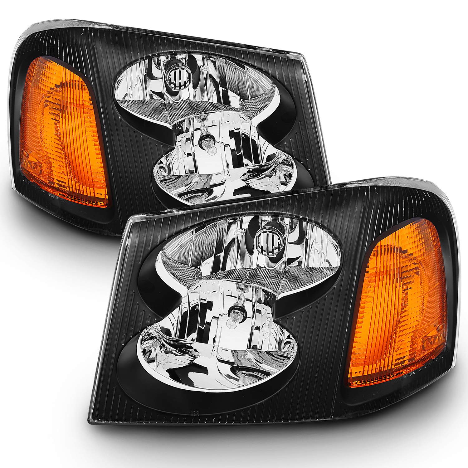 AmeriLite Black Replacement Headlights Set for GMC Envoy - Left & Right Side with Hi/Lo Beam Bulbs | Durable Auto Lighting Upgrade for Night Driving & Off-Road Adventures