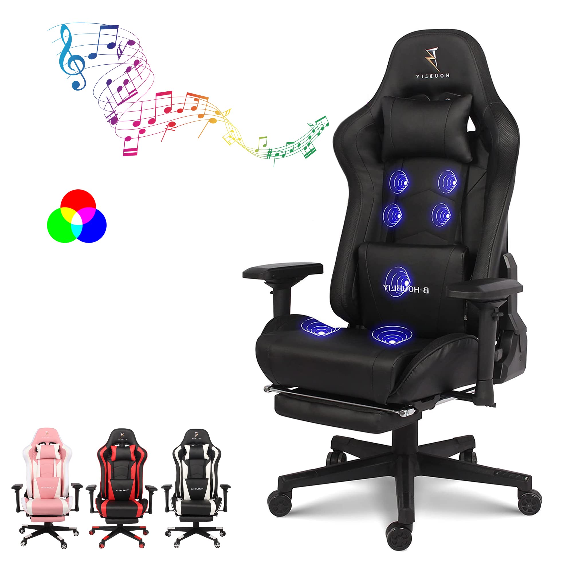 RGB Gaming Chair with Footrest & Massage - Ergonomic High Back Computer Chair with 4D Armrests, Lumbar Support & Built-in Speakers - 360° Swivel PU Leather Racing Chair for PC/Console Gaming - Perfect for Esports, Streaming & Home Office Setup