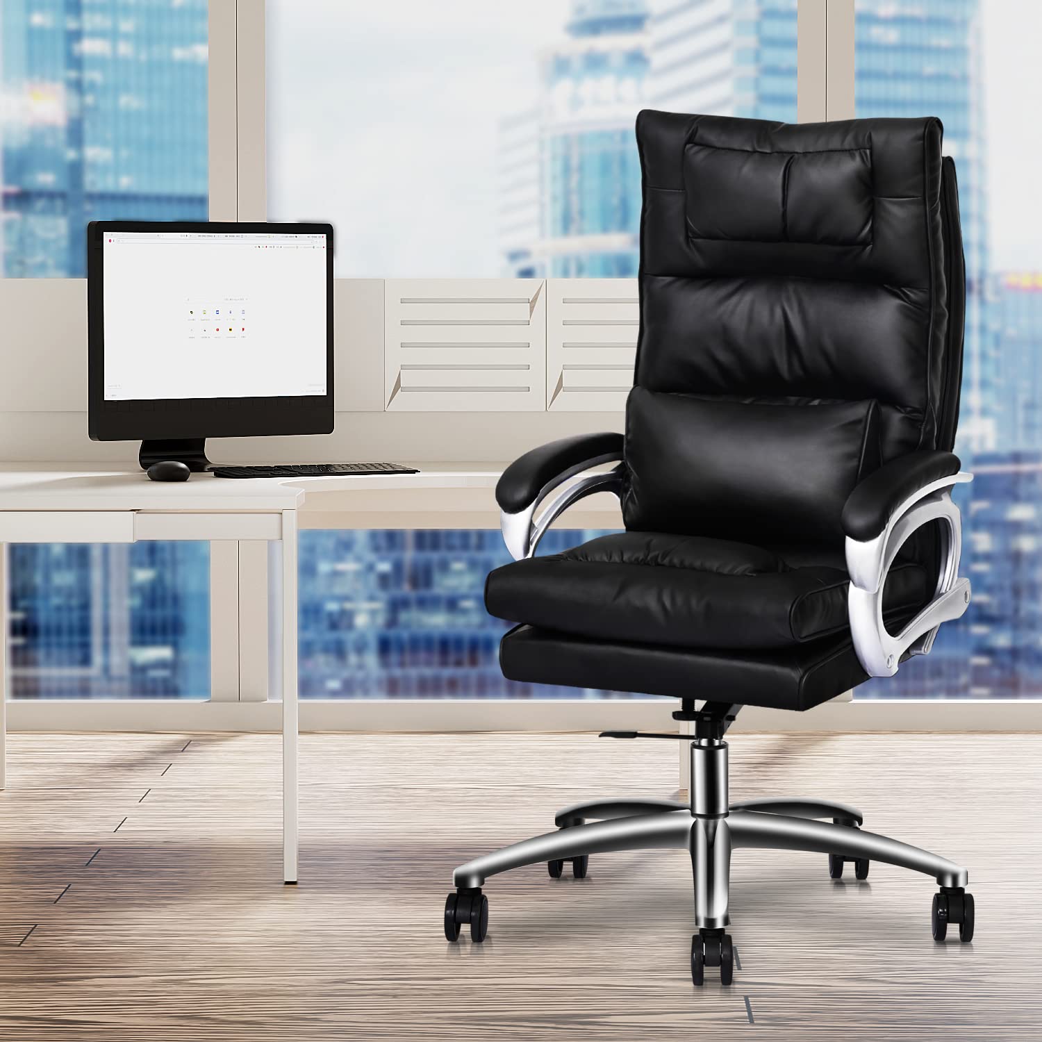 MoNiBloom Ergonomic Office Chair - High Back PU Leather Executive Chair with Lumbar Support, Adjustable Height & Tilt, Swivel Rolling Base & Armrests (Black) - Perfect for Home Office, Gaming & Computer Workstations