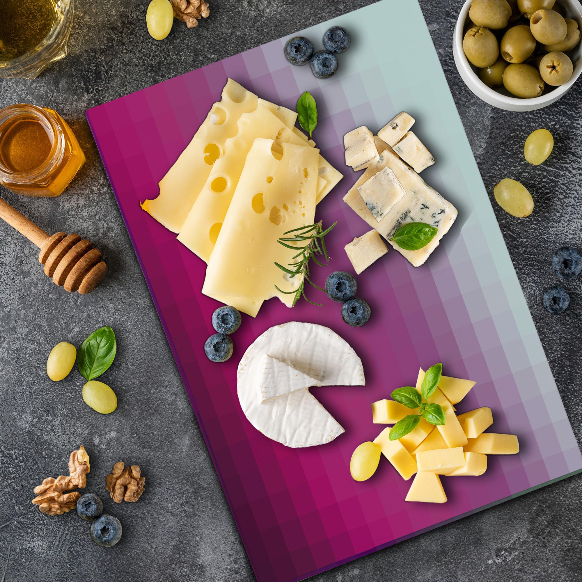 Ambesonne Hot Pink Tempered Glass Cutting Board - Modern Mosaic Ombre Design, Large Decorative Serving Board for Kitchen, Dining & Entertaining - Hot Pink, Dark Purple & White