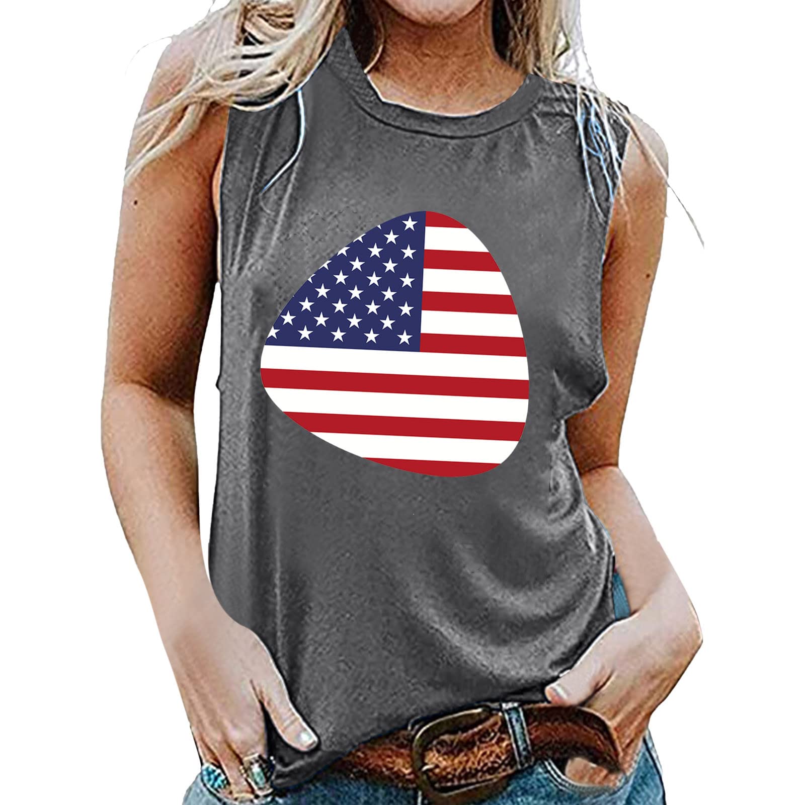 Women's Sleeveless Round Neck Printed Tank Tops - Casual Summer Blouse for 4th of July, Beach, Workout & Daily Wear - Breathable Active T-Shirts for Women