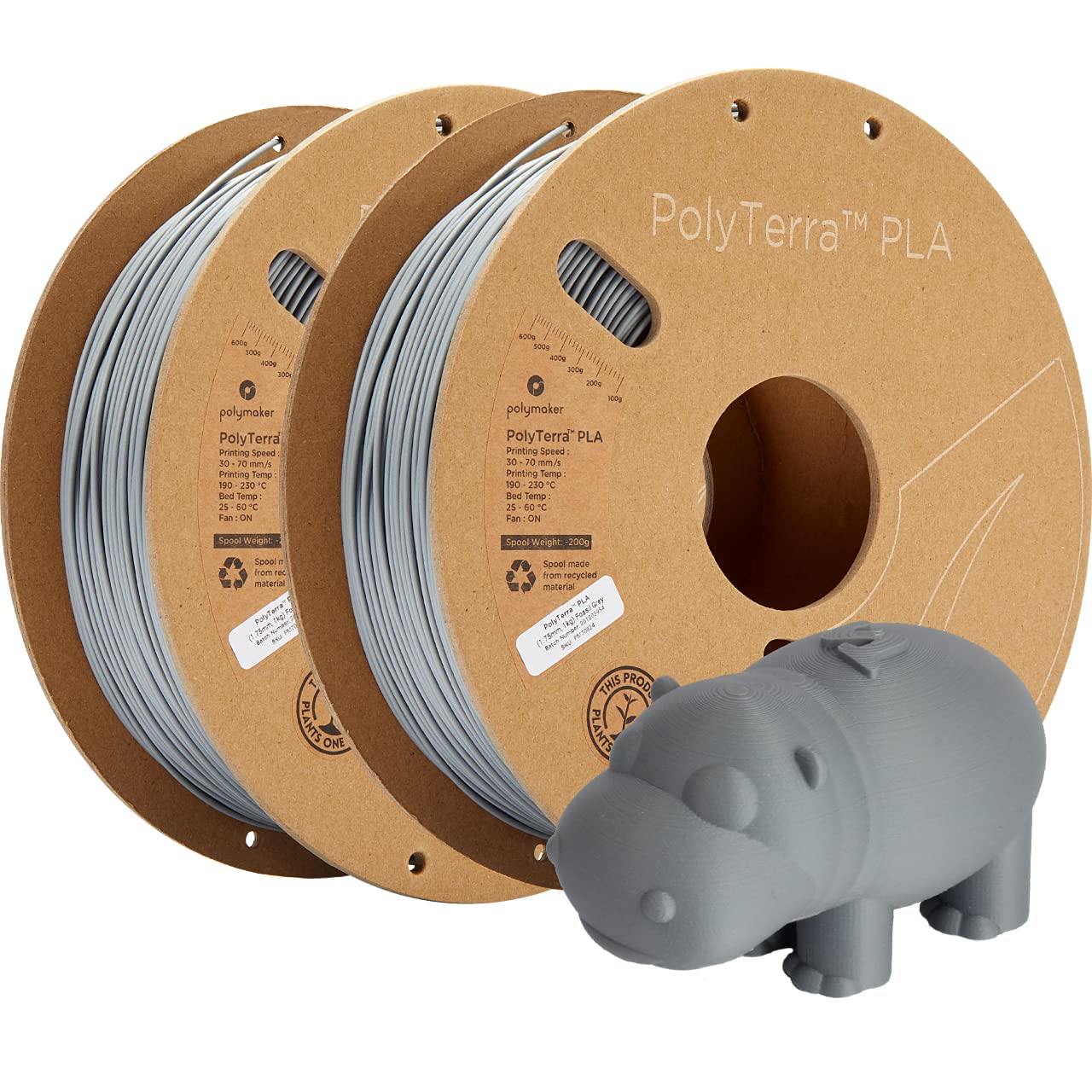 Polymaker PolyTerra Matte PLA Filament 1.75mm Grey - 1kg Spool (2-Pack) | Premium 3D Printing Filament for FDM Printers | Perfect for Home DIY, Cosplay Props & Educational Projects
