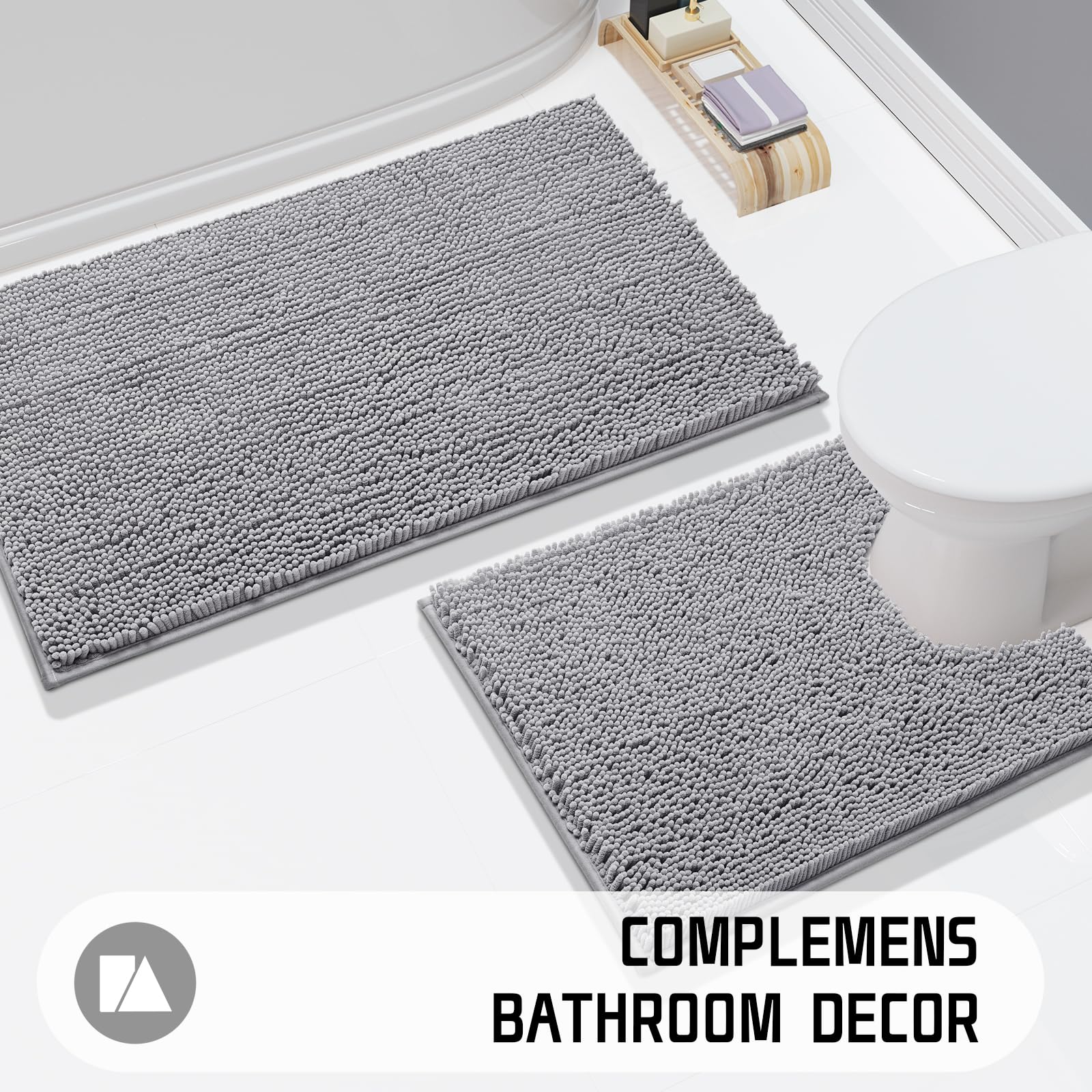 Yimobra Luxury Chenille Shaggy Bathroom Rug Mat - 32''x20'' Extra Soft Thick Absorbent Non-Slip Bath Mat for Bathroom Floor, Tub & Shower - Machine Washable Grey Bath Rug - Perfect for Spa-Like Bathroom Decor & Cozy Home Comfort