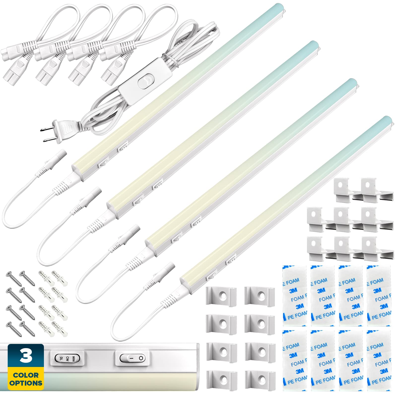 Sunperian 4-Pack 21 Inch LED Under Cabinet Lighting Kit - 28W, 2800 Lumens, Linkable Design with 3 Color Temperatures (3000K/4000K/5000K) - Peel & Stick or Bracket Mount, Damp Rated - Perfect for Kitchen Countertops, Pantry Shelves & Workspace Illumination