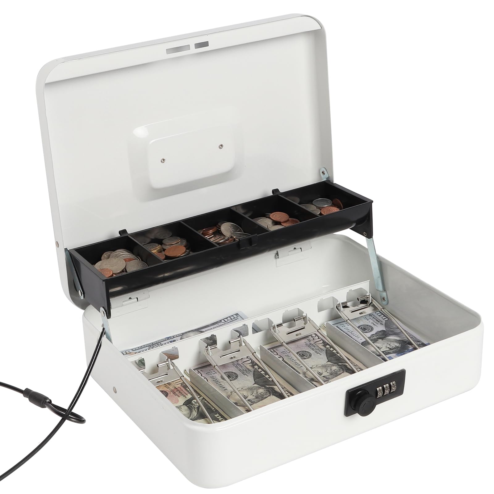 Jssmst Large Locking Cash Box with Money Tray - Heavy Duty Metal Money Box with Secure Combination Lock (White) - Perfect for Retail Stores, Home Safes, and Office Cash Management