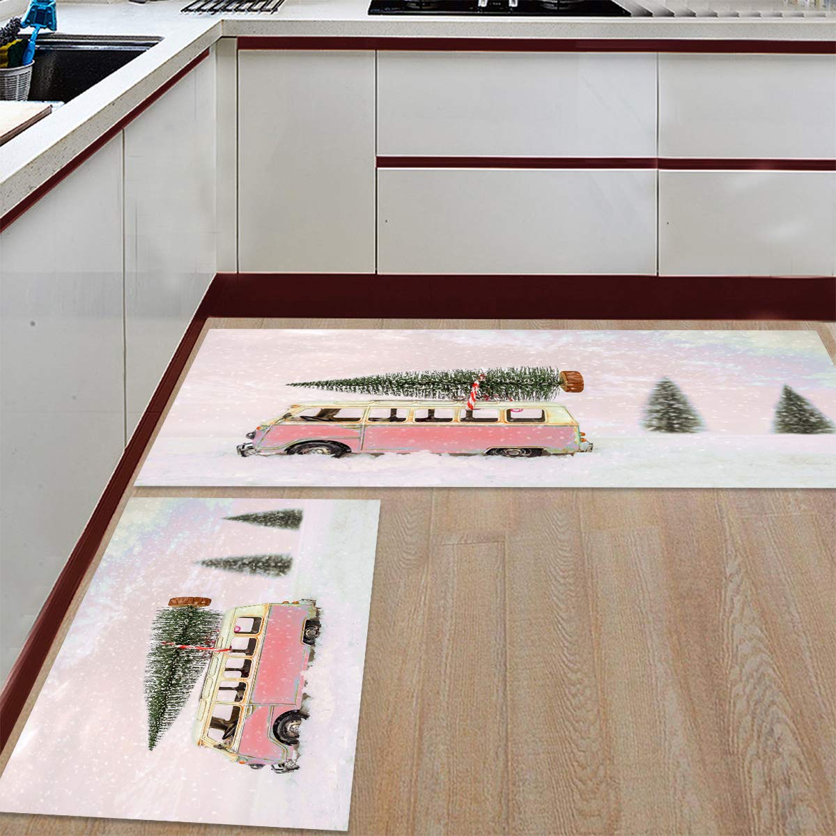 LooPoP Pink Christmas Kitchen Mats - 2-Piece Non-Slip Anti-Fatigue Floor Cushion Set, Washable Holiday Runner Rugs with Snow & Pine Tree Design - Perfect for Festive Kitchen Decor, Dining Areas & Holiday Home Accents