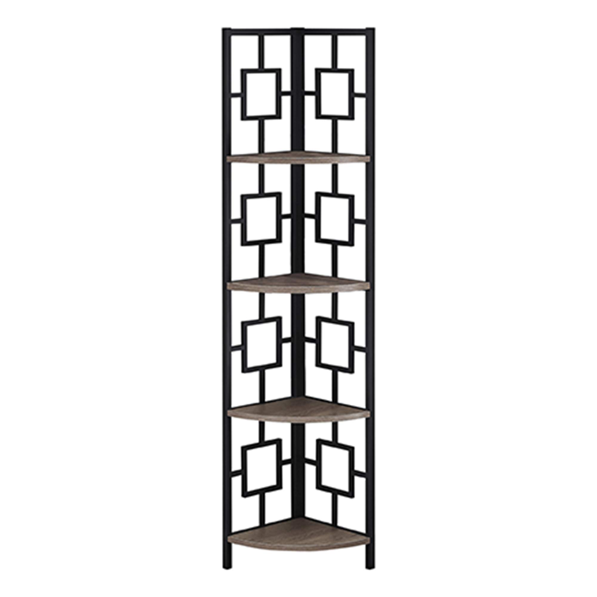 Offex 62 Inch Tall Corner Bookcase with Black Metal Frame, Dark Taupe Finish - Space Saving Storage Shelf for Living Room, Bedroom or Office