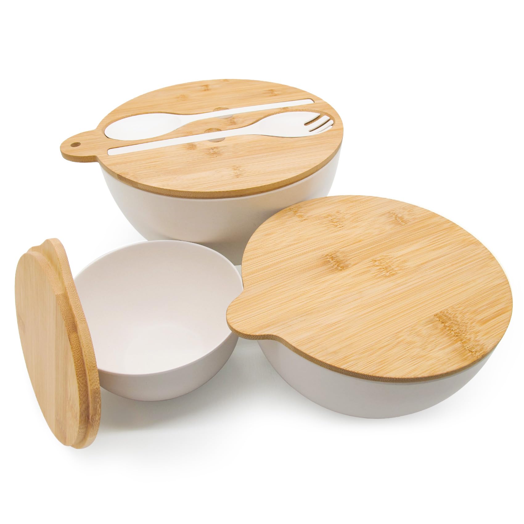 3-Piece Bamboo Fiber Salad Bowl Set with Seal Lid & Serving Utensils - Large Mixing Bowls for Kitchen, Pasta, Popcorn, Fruit | Perfect for Meal Prep, Entertaining & Food Storage (White)