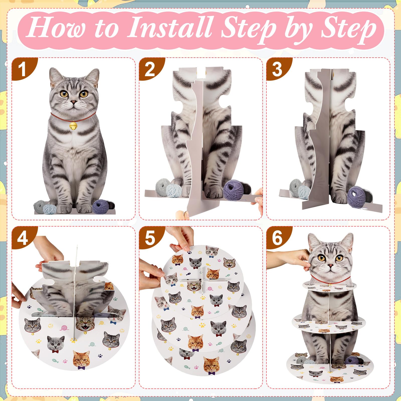 Pasimy 3-Tier Cat Cupcake Stand - Kitten Theme Birthday Party Decorations, Cardboard Dessert Holder for Pet Lovers - Perfect for Cat Birthday Parties, Baby Showers & Themed Events