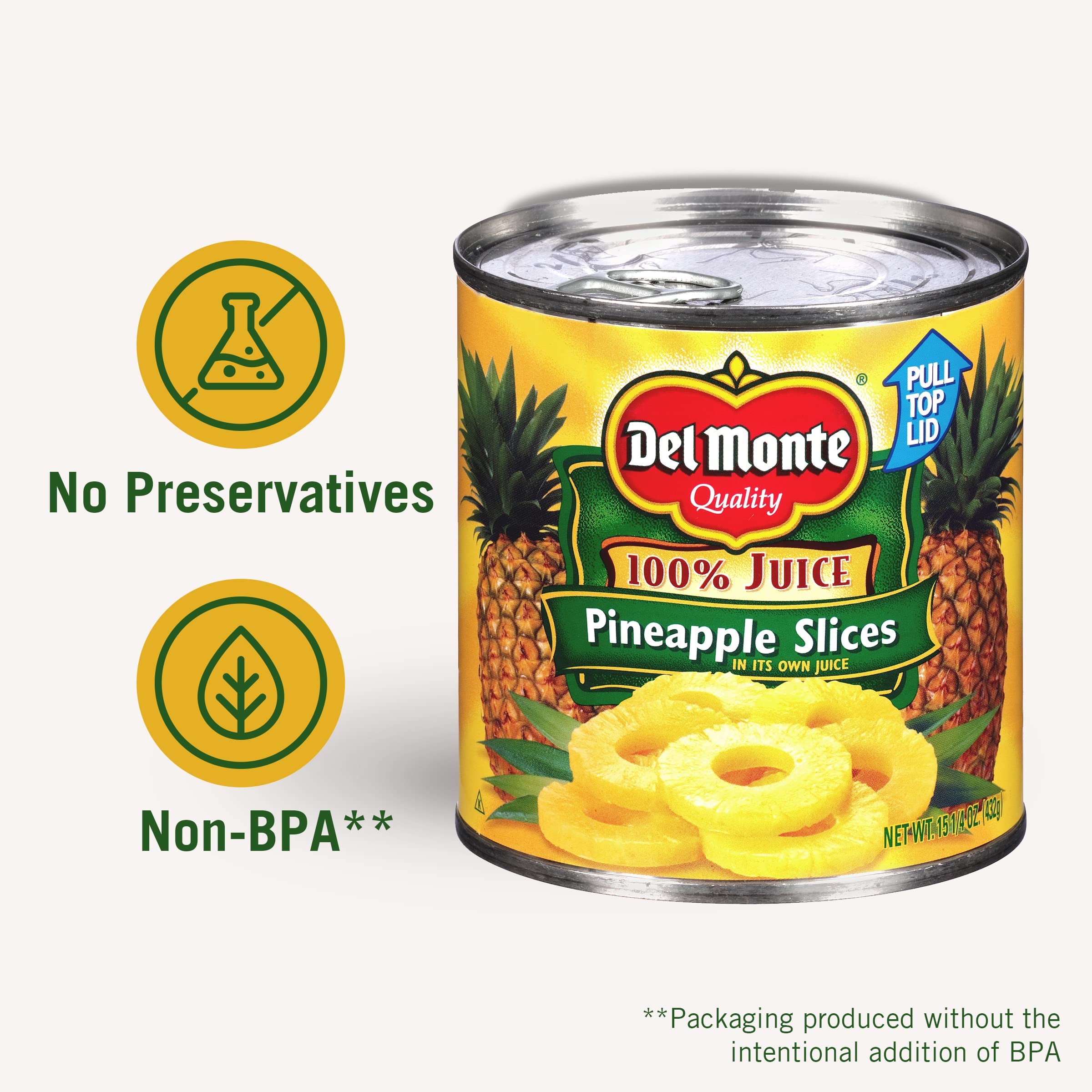 DEL MONTE Sliced Pineapple in 100% Juice, 15.25 oz Canned Fruit - Sweet & Juicy Pineapple Slices for Snacks, Desserts, Smoothies & Tropical Recipes