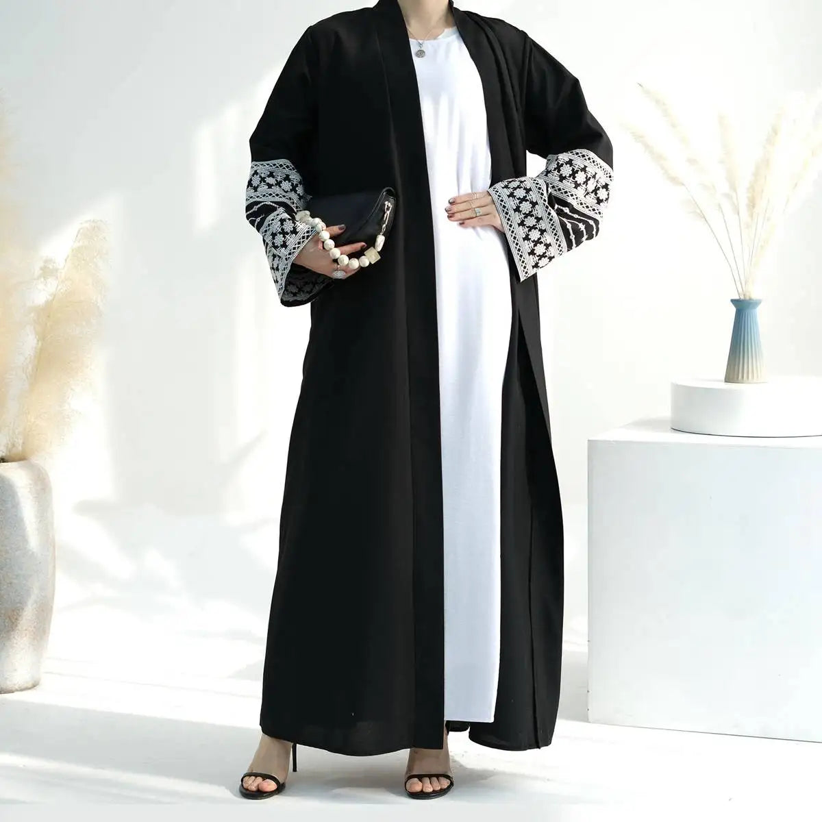 Elegant Embroidered Sleeve Cardigan Open Abaya Dress for Women - Perfect for Prayer, Modest Fashion & Special Occasions