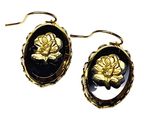 Elegant Black Cameo Gold-Tone Earrings with Gold Rose - Perfect for Weddings, Parties & Special Occasions