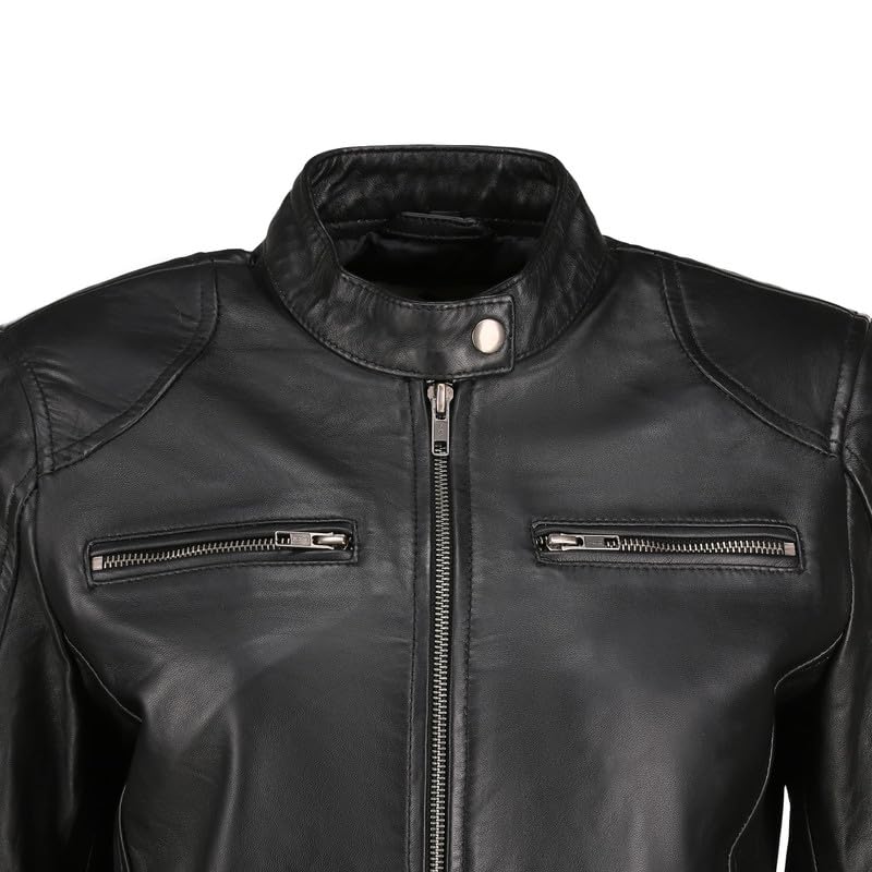 Women's Black Real Leather Moto Jacket - Soft Lambskin Cafe Racer Biker Jacket for Women | Stylish Outerwear for Motorcycle Riding, Night Out & Casual Wear