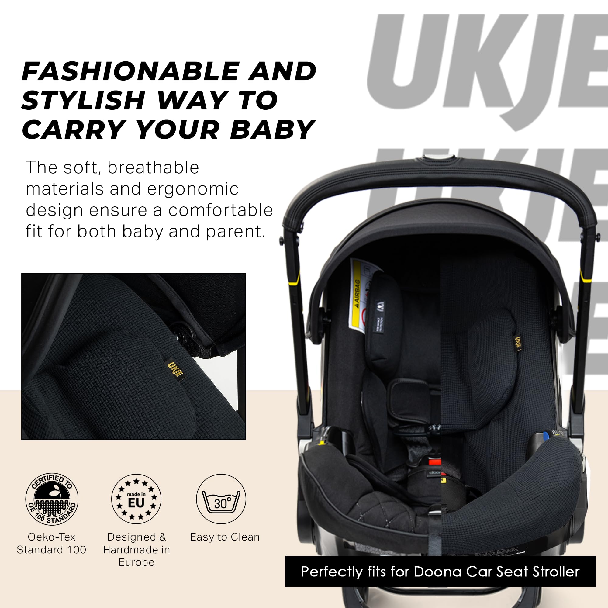 UKJE Protective Car Seat Stroller Cover for Doona - Cotton Infant Seat Liner, Easy to Clean & Install, Black Waffle Design - Perfect for Newborns, Travel, and Daily Use