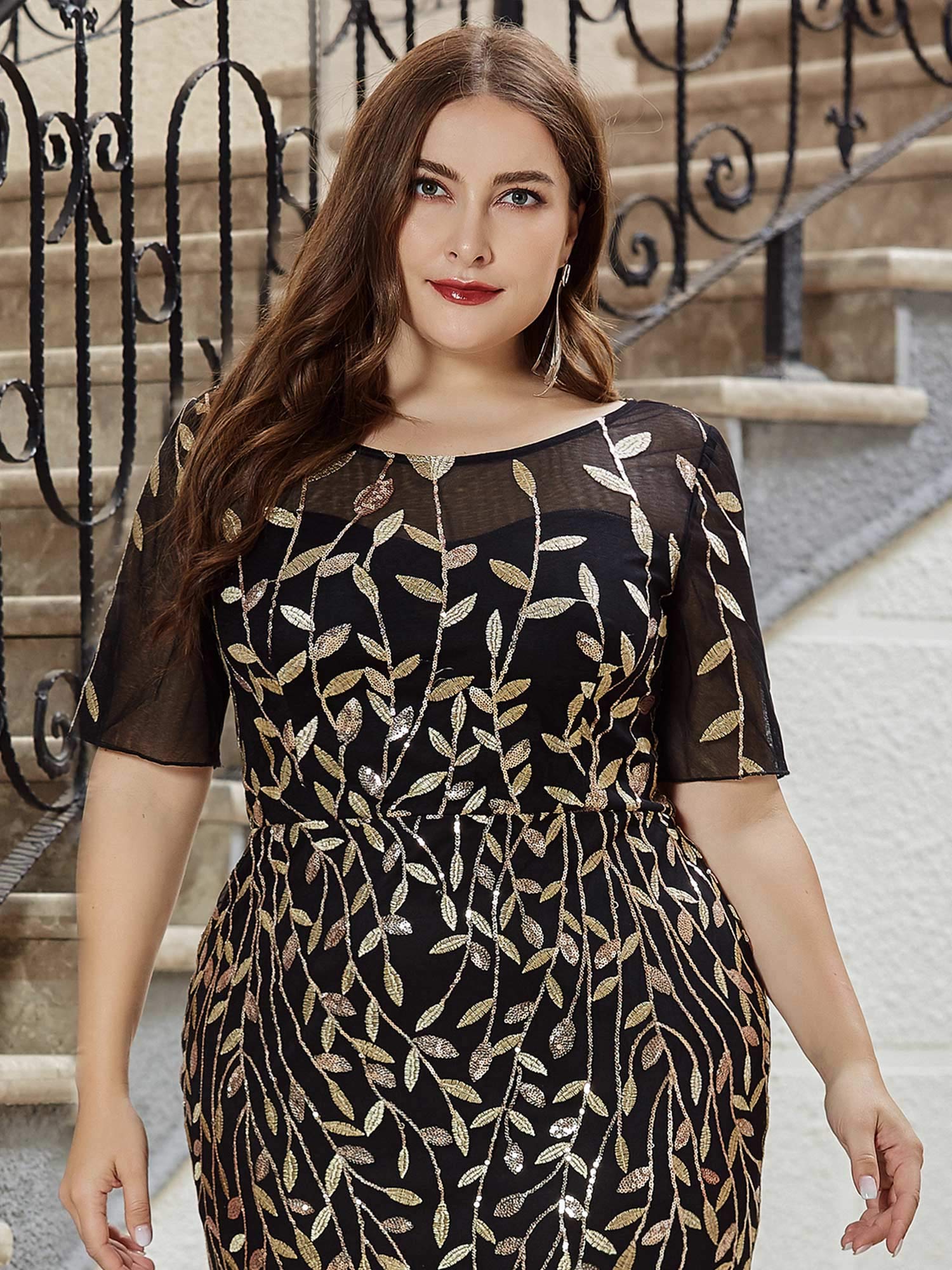 Ever-Pretty Women's Plus Size Embroidery Sequin Short Sleeve Bodycon Maxi Dress for Formal Occasions - Wedding Guest, Cocktail Party, Evening Gala (Style 07707-PZUSA)
