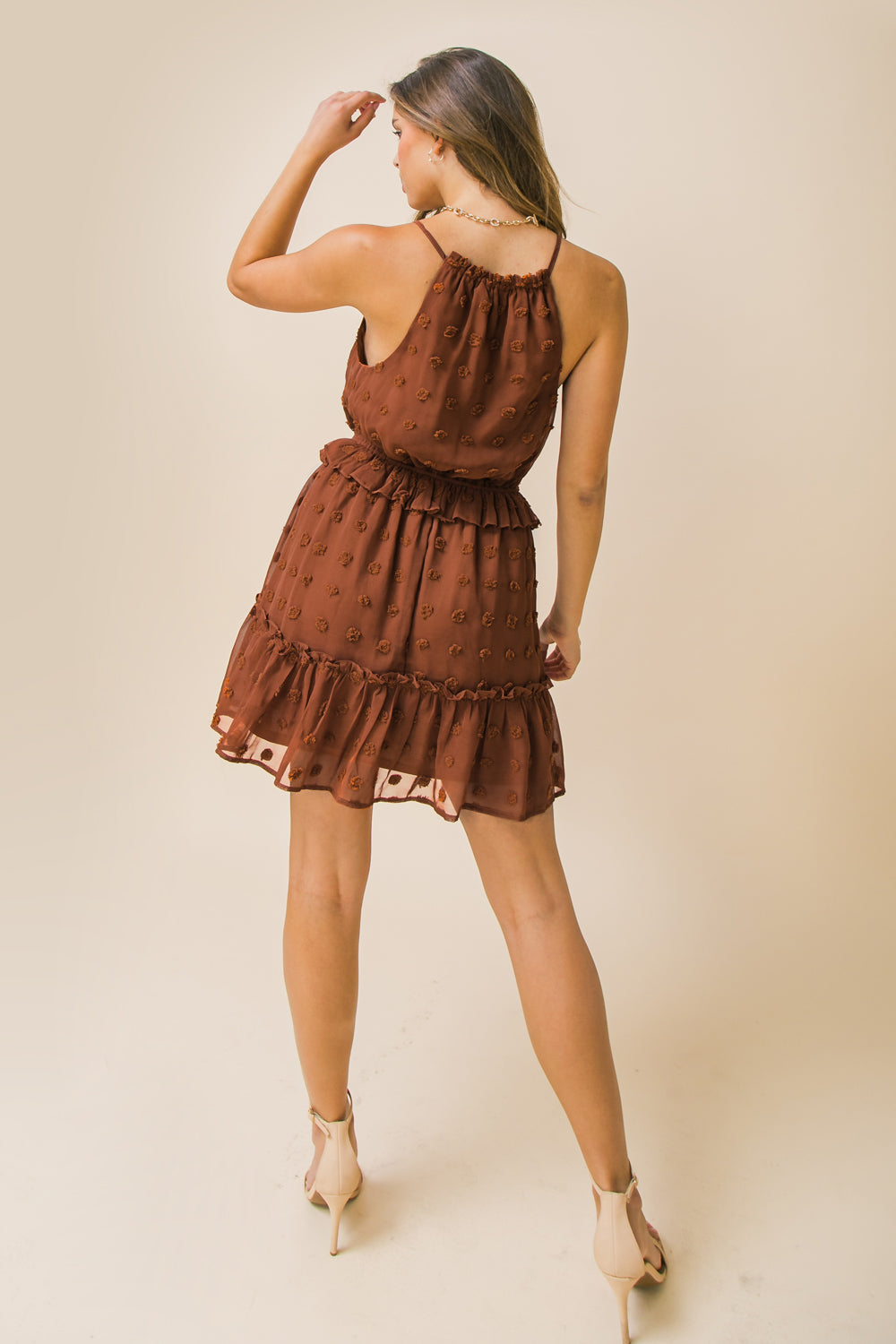MIRA RUFFLE TIERED MINI DRESS in Rust - Flowy Summer Dress for Women, Beach Wedding Guest Outfit, Boho Chic Party Dress